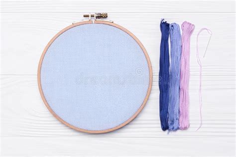 Tools For Cross Stitch A Hoop For Embroidery And Canvas On White Stock