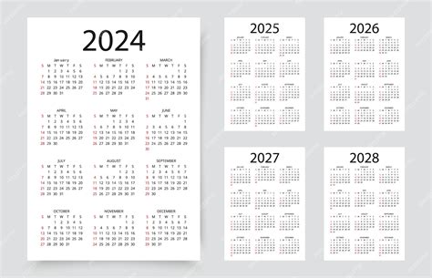 Календарь на 2024 2025 2026 2027 2028 годы простые макеты календаря