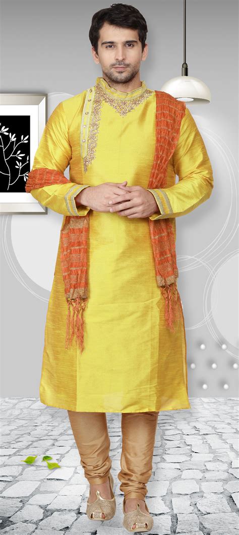 Party Wear Yellow Color Dupion Silk Fabric Kurta Pyjamas 1923596