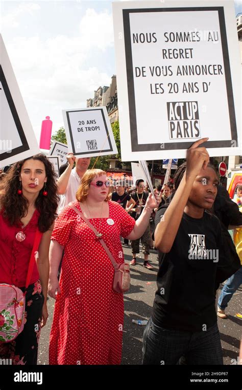 Paris France Crowd Aids Activists Of Act Up Paris Protesting Against Aids French Sign Gay