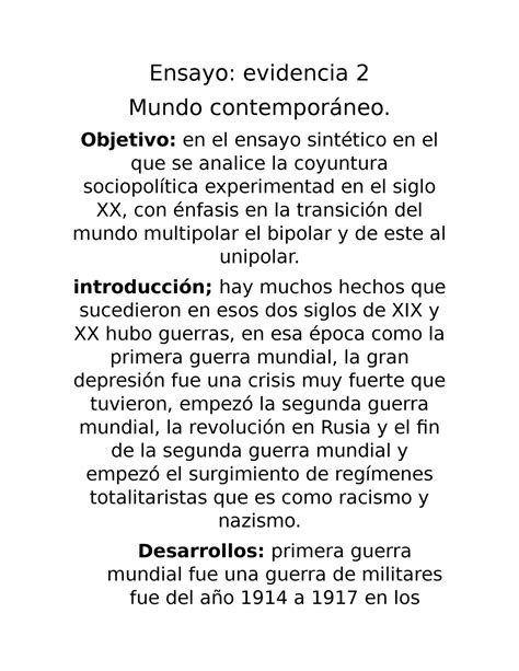 Ensayo evidencia 2 mundo Ensayo evidencia 2 Mundo contemporáneo