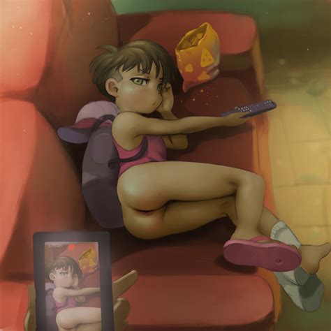 Lunaflame Highres Tagme 1boy Ass Backpack Bag Bottomless Brown Hair Couch Eating Feet