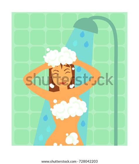 Brunette Woman Taking Shower Foam Before Stock Vector Royalty Free 728042203 Shutterstock