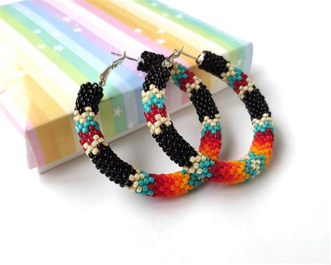 Native American Style Beaded Hoop Earrings Black Seed Bead Earrings Big