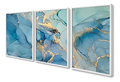 Kit 3 Quadros Decorativos Abstrato Azul Gold Luxo Moldura