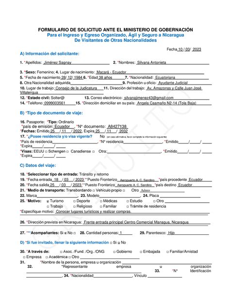 Formulario De Solicitud De Ingreso A Nicaragua Formulario De