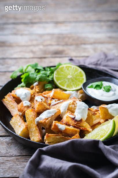 Fried Yucca Yuca Cassava Manioca Mandioca With Cilantro Sauce