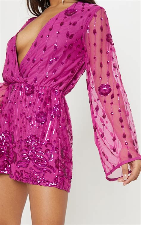 Hot Pink Sequin Playsuit Prettylittlething