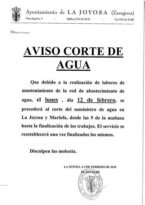 Aviso Corte De Agua Ayuntamiento La Joyosa Marlofa