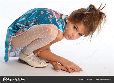 Beautiful Girl Asian Blue Dress Sitting White Background Elegant