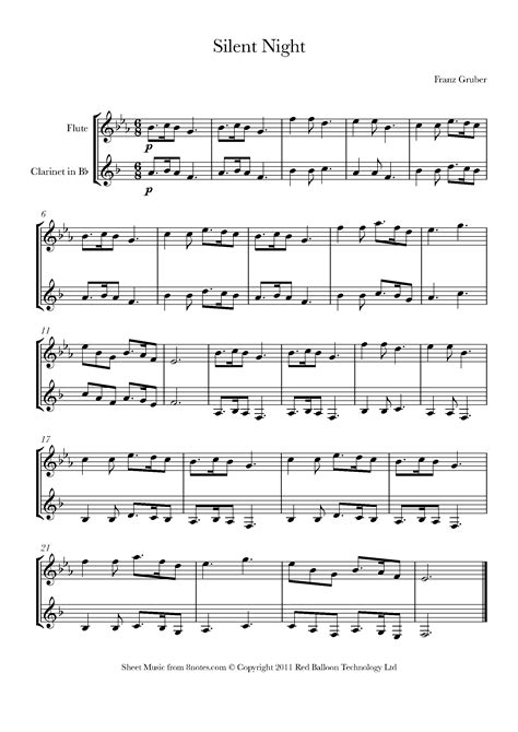 Silent Night Sheet Music For Flute Clarinet Duet