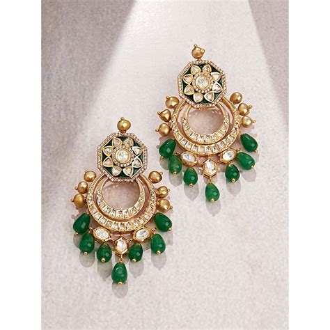 Buy Joules By Radhika Classic Green Golden Polki Earrings Online