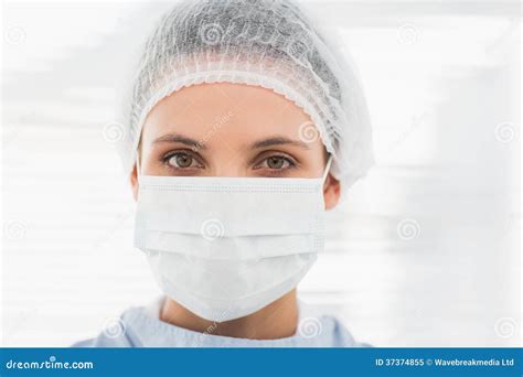 Female Surgeon Wearing Surgical Cap And Mask Stock Image Image Of