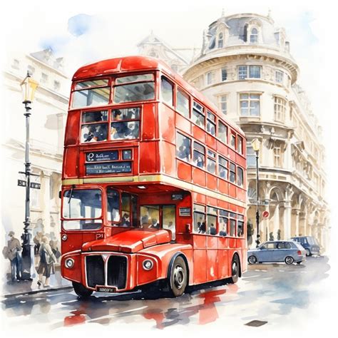 Premium Photo Painting Of A Red Double Decker Bus Driving Down A