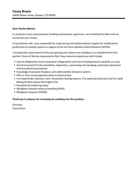 Building Maintenance Supervisor Cover Letter Velvet Jobs