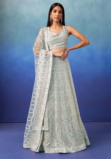 Buy Women Light Blue Geometric Sequin Embroidered Lehenga Set With