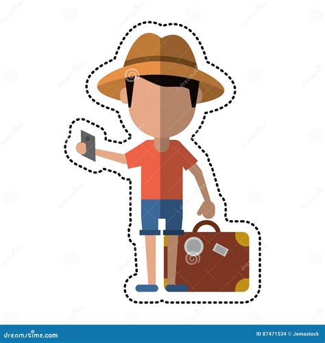 Cartoon Traveler Man With Suitcase Passport Stock Vector Illustration