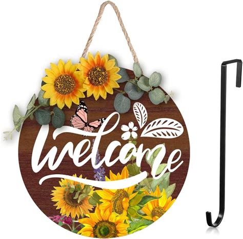 Sunflower Welcome Sign With Steel Wreath Hook Wall