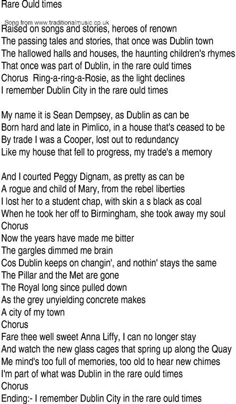 Irish Music Song And Ballad Lyrics For Dublin In The Rare Ould Times