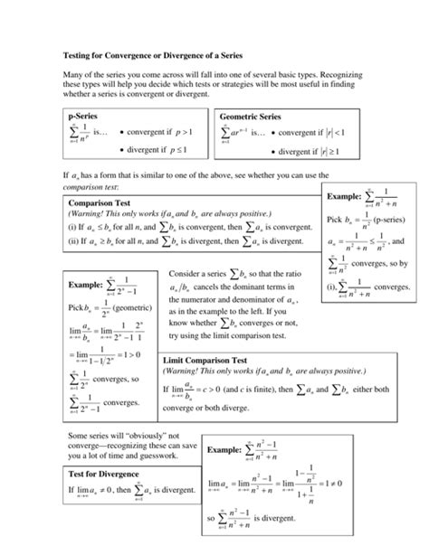 Series Convergence Testing Cheat Sheet Download Printable Pdf Templateroller