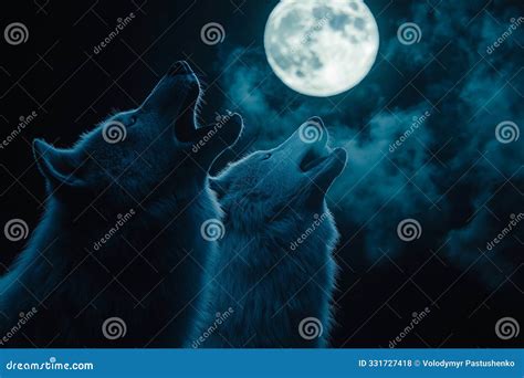 Two Wolves Howling At The Moon Stock Photo Image Of Wide Creating