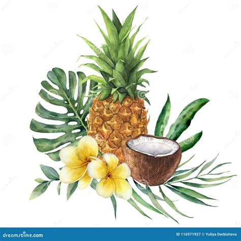 Watercolor Tropical Bouquet With Flowers Leaves And Fruit Hand