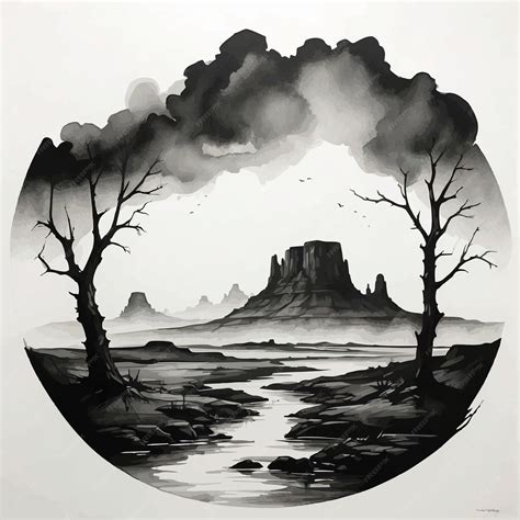 Premium Vector | A landscape inspired by the wild west simple ink ...