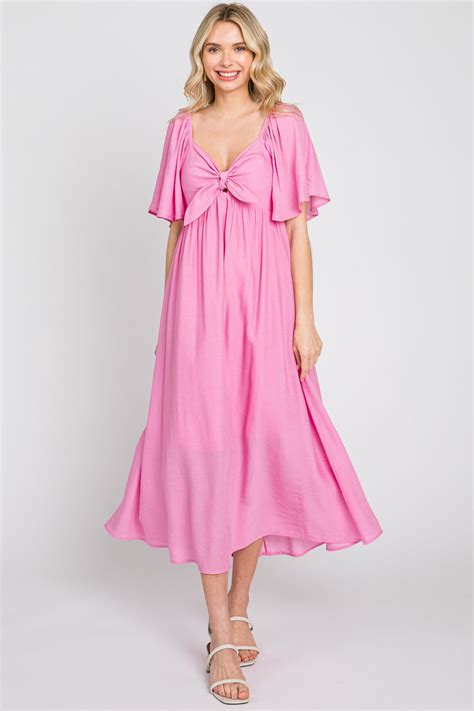 Pink Front Tie Ruffle Sleeve Midi Dress Pinkblush