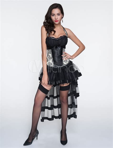 Black Corset Outfits 2 Piece Halter Bows Corset Top And High Low Tiered Overskirt