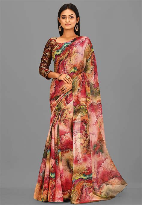 Buy Digital Printed Chiffon Saree In Multicolor Online Suf9299 Utsav Fashion