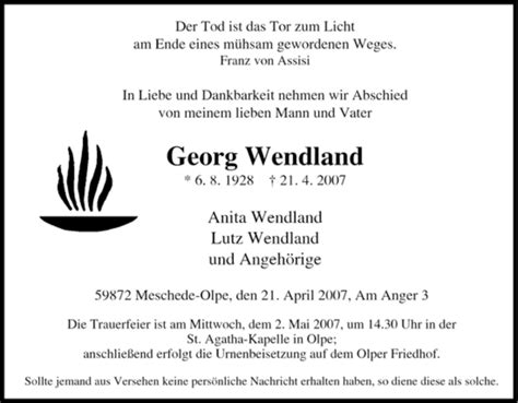 Traueranzeigen Von Georg Wendland Trauer In NRW De