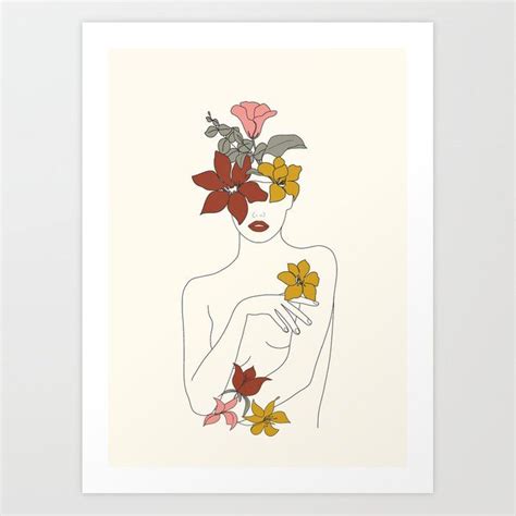 Colorful Thoughts Minimal Line Art Woman With Flowers Iv Art Print By