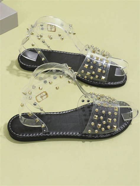 Sandalias planas para mujer con diamantes de imitación remaches y