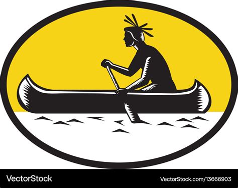 Native american indian paddling canoe woodcut Vector Image