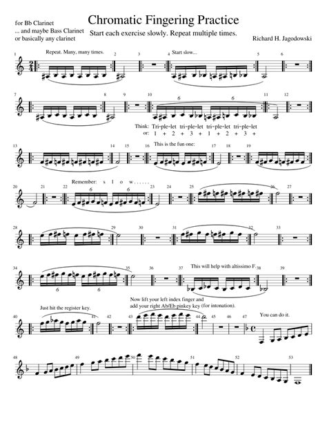 Chromatic Fingering Practice Sheet Music For Clarinet In B Flat Solo