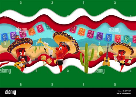 Mexican Chili Pepper Mariachi Musicians Characters On Paper Cut Banner