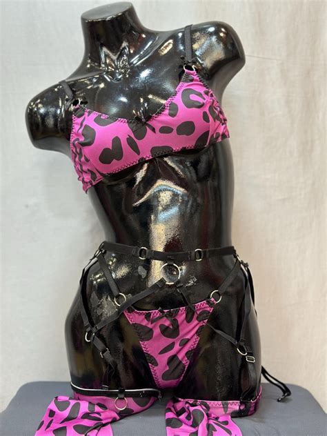 Leopard Print Lingerie Set With Matching Stocking Sexy Lingerie Sets With Garter Belt Etsy