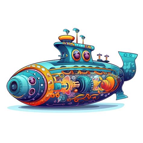 Un submarino de dibujos animados con un diseño colorido y las palabras