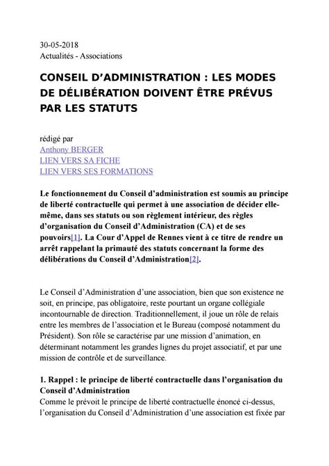 Conseil Dadministration Les Modes De D Lib Ration Doivent Tre Pr Vus