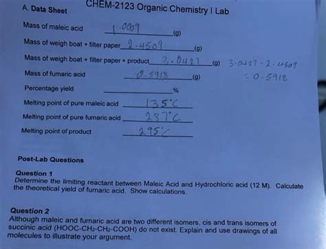 Solved A Data Sheet Chem Organic Chemistry I Lab Mass Chegg