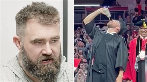 Jason Kelce Reacts To Travis Kelce Chugging Beer During Graduation Ceremony Youtube