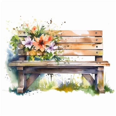 Premium AI Image Watercolor Painting Of A Wooden Bench With Flowers