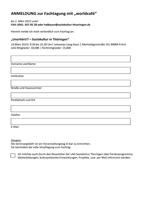 Fillable Online Soziokultur Thueringen ANMELDUNG Zur Fachtagung Mit