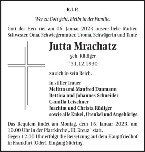 Traueranzeigen von Jutta Mrachatz Märkische Onlinezeitung Trauerportal