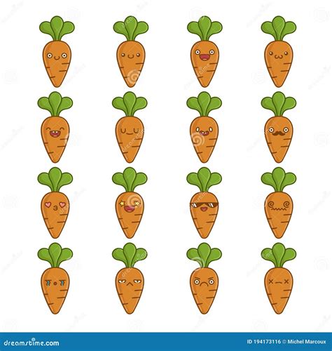 Set Of Fun Cute Carrot Vegetable Icon Cartoons Stock Vector