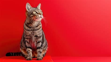 Premium Photo Striped Cat Sitting On Red Surface Against Background