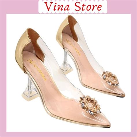 Mua giày nữ cao gót bít mũi đế nhọn phân quai trong suốt đính hoa đá hot VINA STORE mã