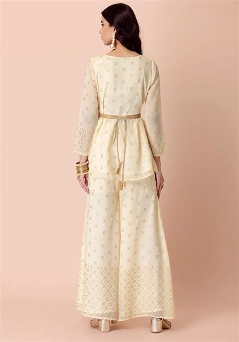 Buy Women Ivory Foil Print Sharara And Short Peplum Kurta Set Of