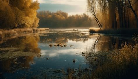 Le coucher du soleil d automne tranquille se reflète sur la surface de