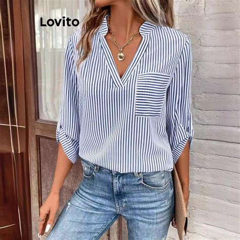 Lovito Blusa casual listrada botões para mulheres LNL56073 Shopee